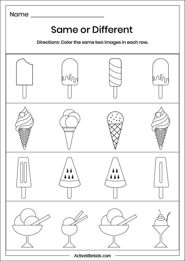 ice cream same or different worksheet