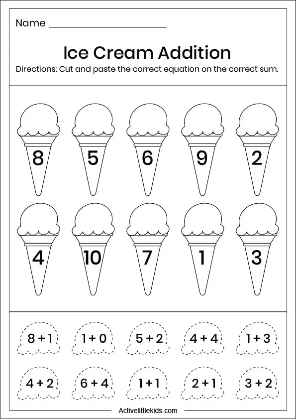 icecream addition worksheet