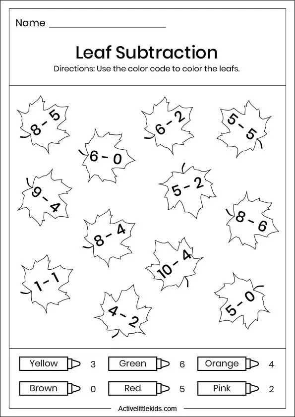 leaf subtraction worksheets