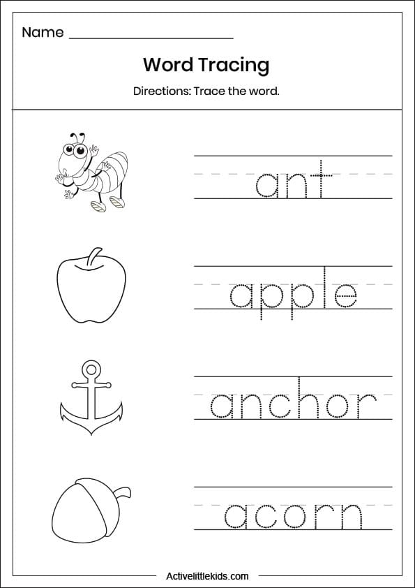 letter a word tracing worksheet