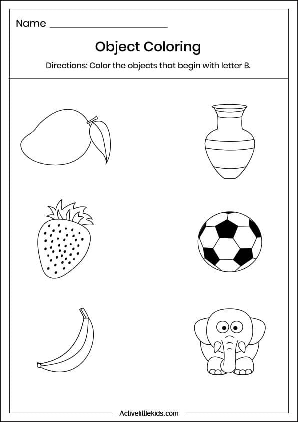 letter b object coloring worksheet
