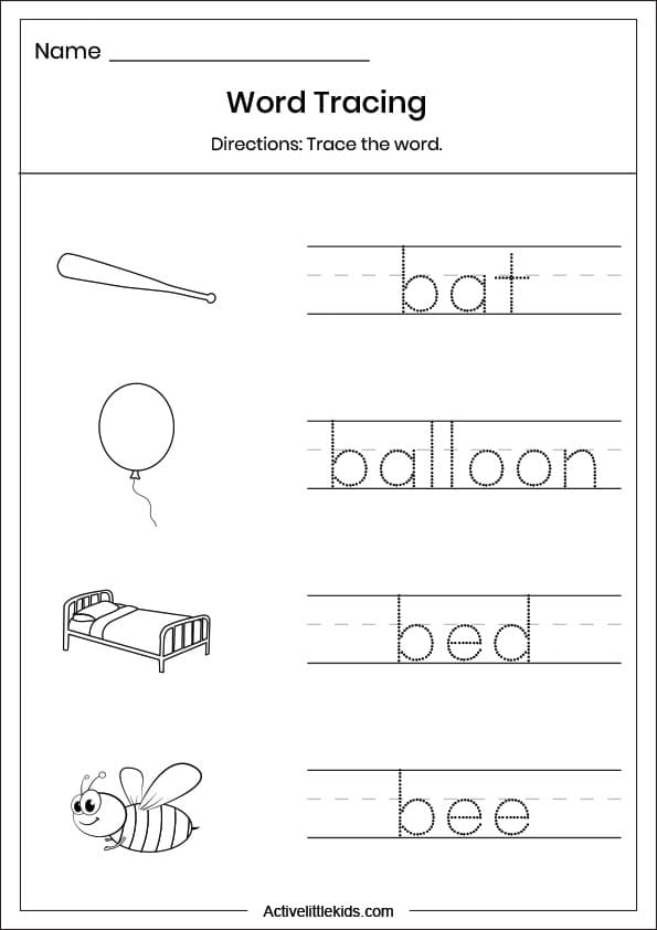letter b word tracing worksheet
