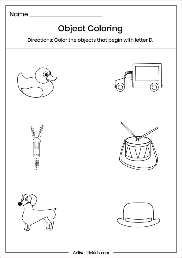 letter d object coloring worksheet