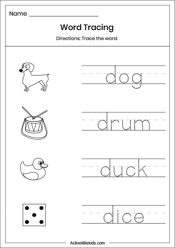 letter d word tracing worksheet