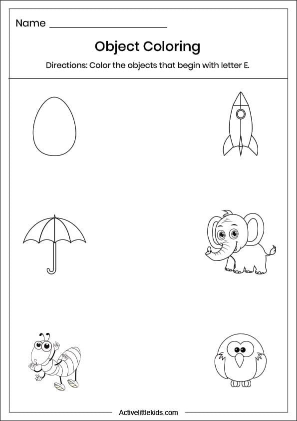 letter e object coloring worksheet