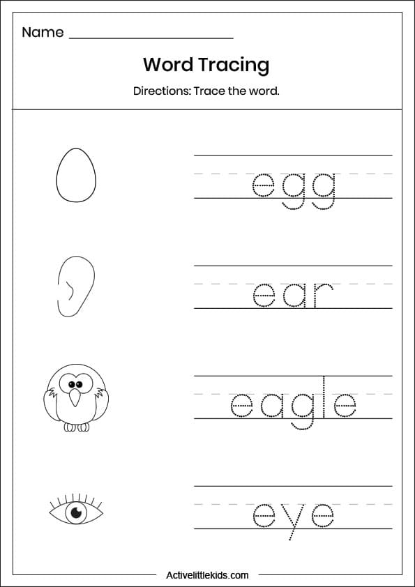 letter e word tracing worksheet