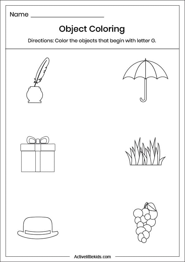 letter g object coloring worksheet
