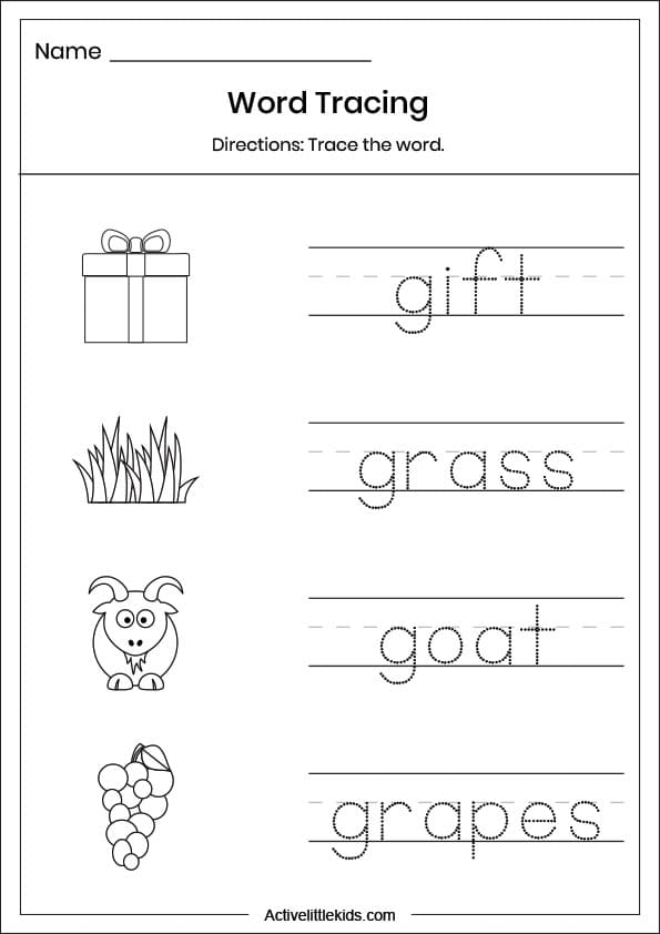 letter g word tracing worksheet