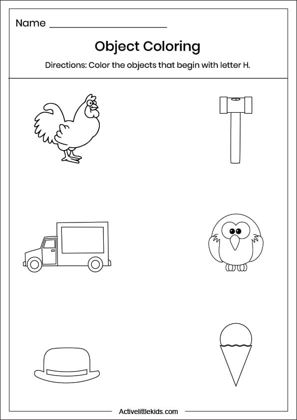 letter h object coloring worksheet