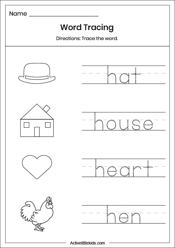 letter h word tracing worksheet