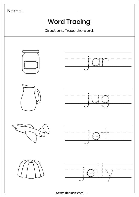 letter j word tracing worksheet