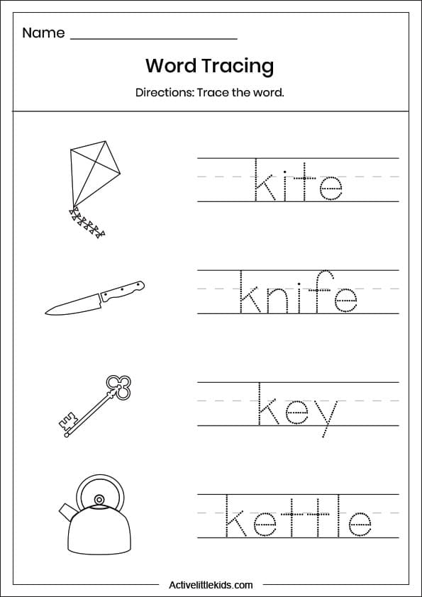letter k word tracing worksheet