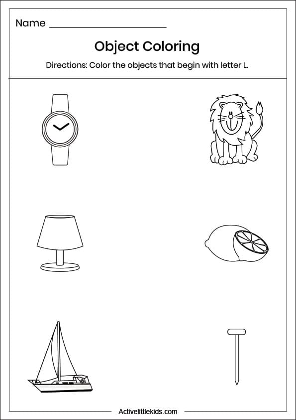 letter l object coloring worksheet
