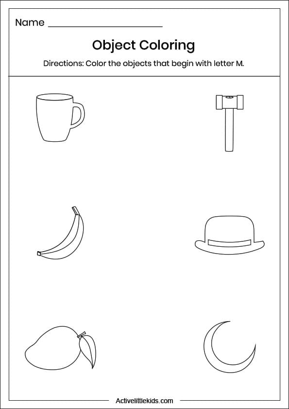 letter m object coloring worksheet