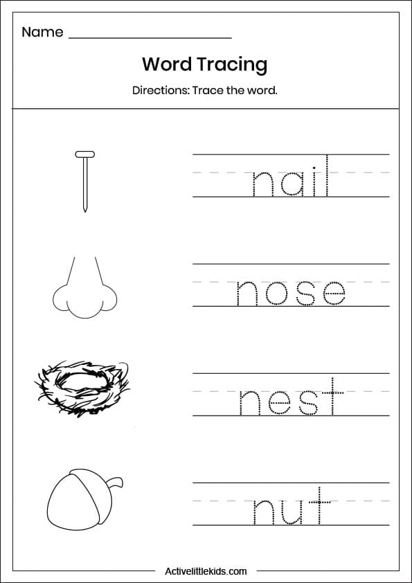letter n word tracing worksheet