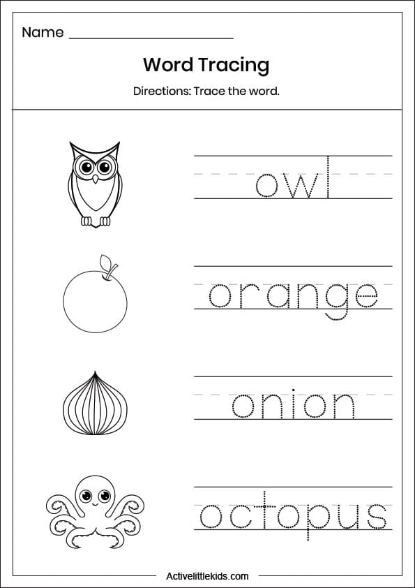 letter o word tracing worksheet