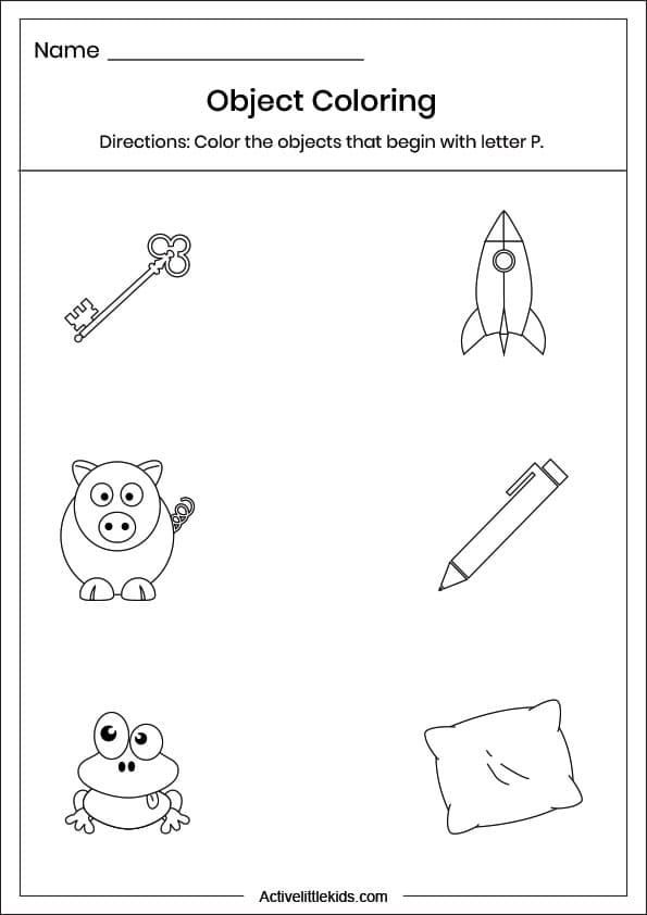 letter p object coloring worksheet