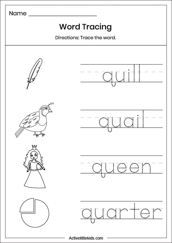 letter q word tracing worksheet