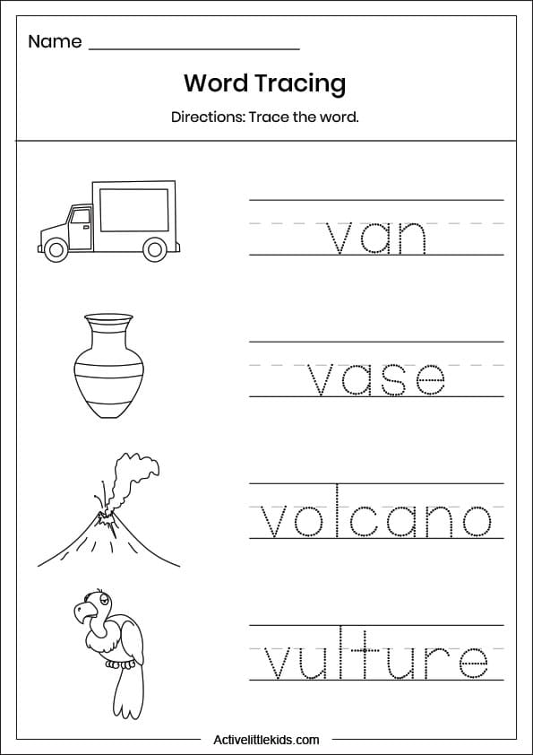 letter v word tracing worksheet