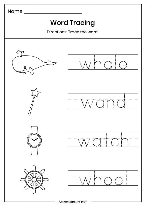 letter w word tracing worksheet