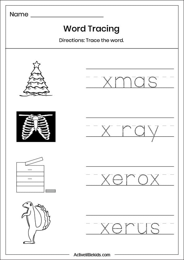 letter x word tracing worksheet