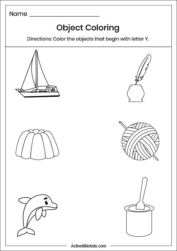 letter y object coloring worksheet