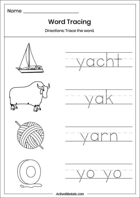 letter y word tracing worksheet