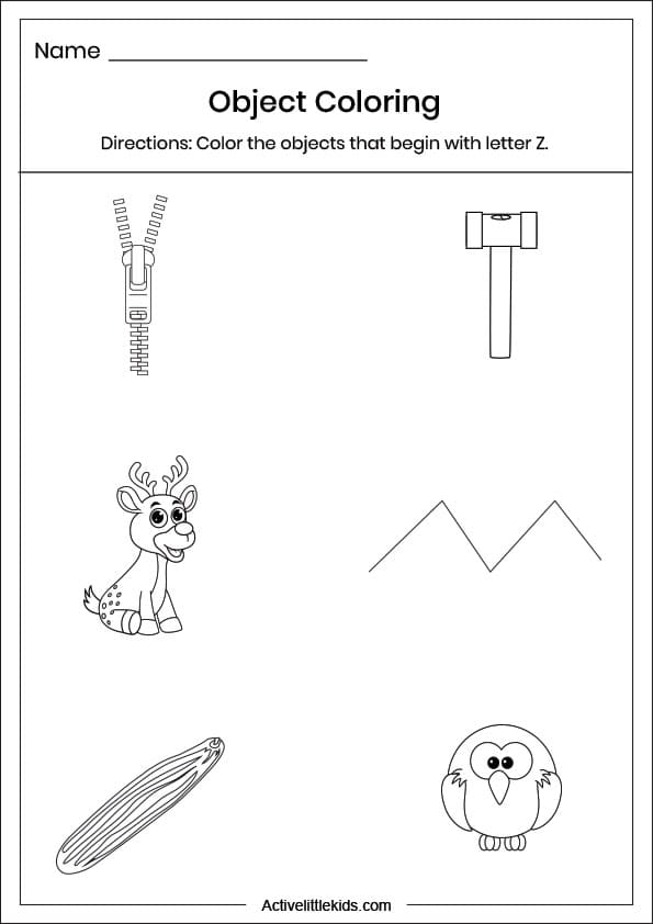 letter z object coloring worksheet