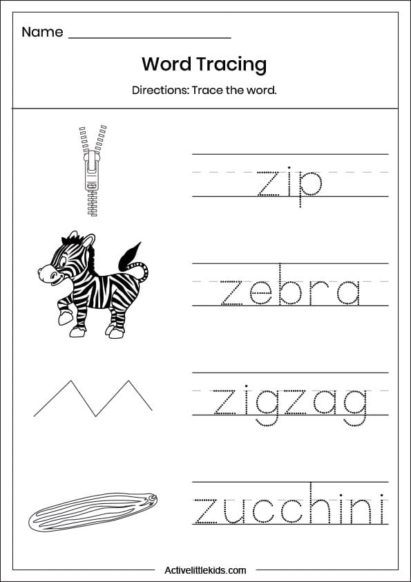 letter z word tracing worksheet