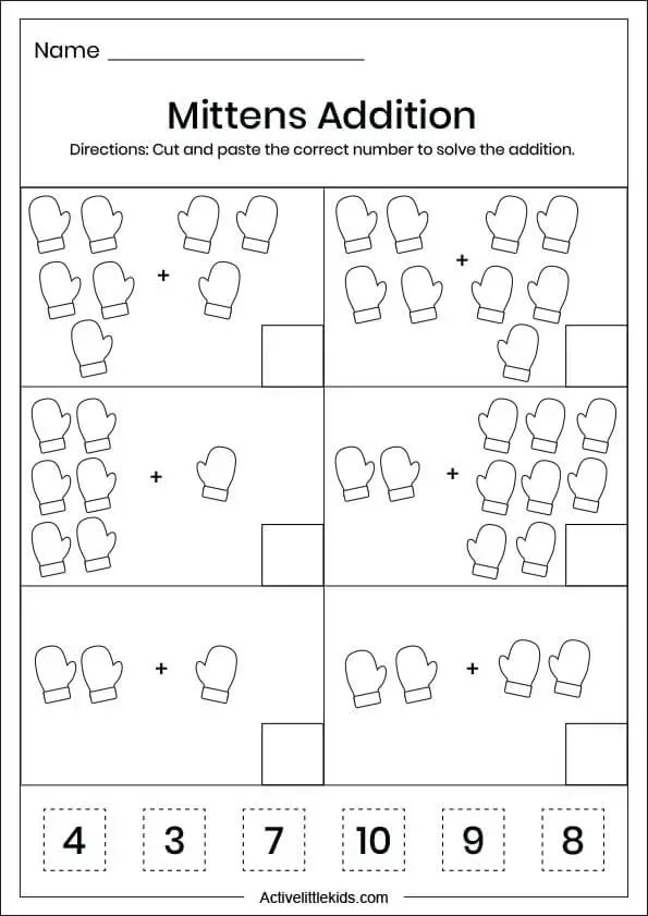 mittens addition worksheet