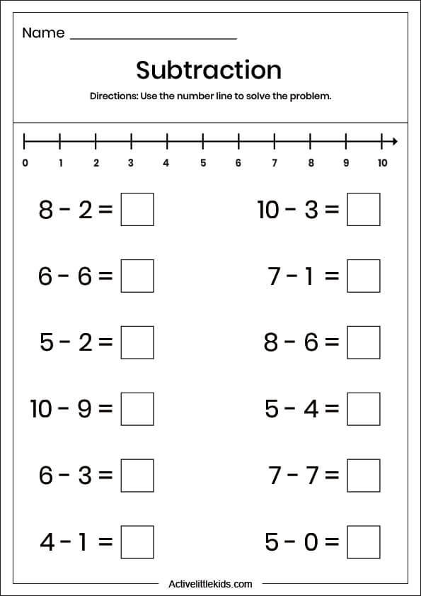 number line subtraction worksheet