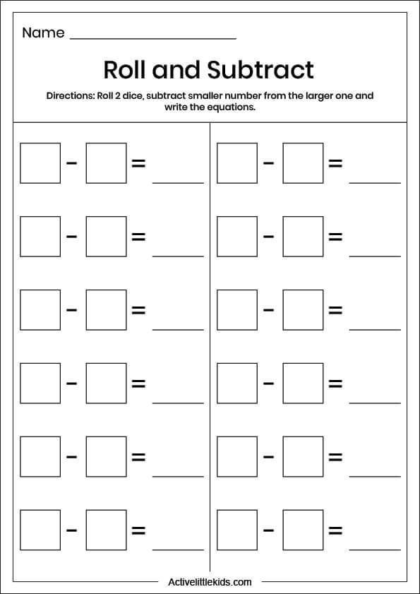 roll and subtract worksheet