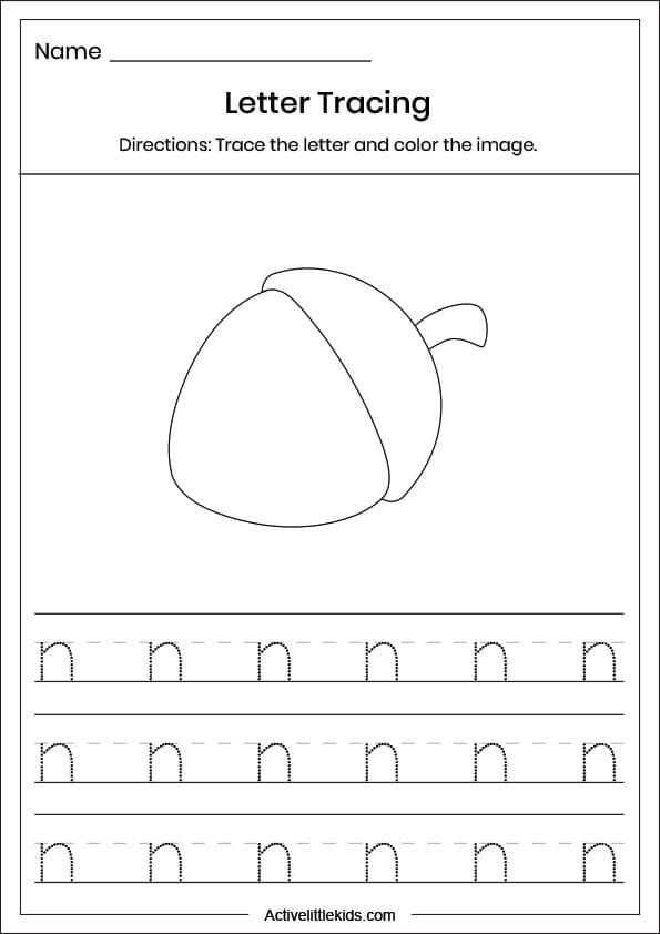 small letter n tracing worksheet
