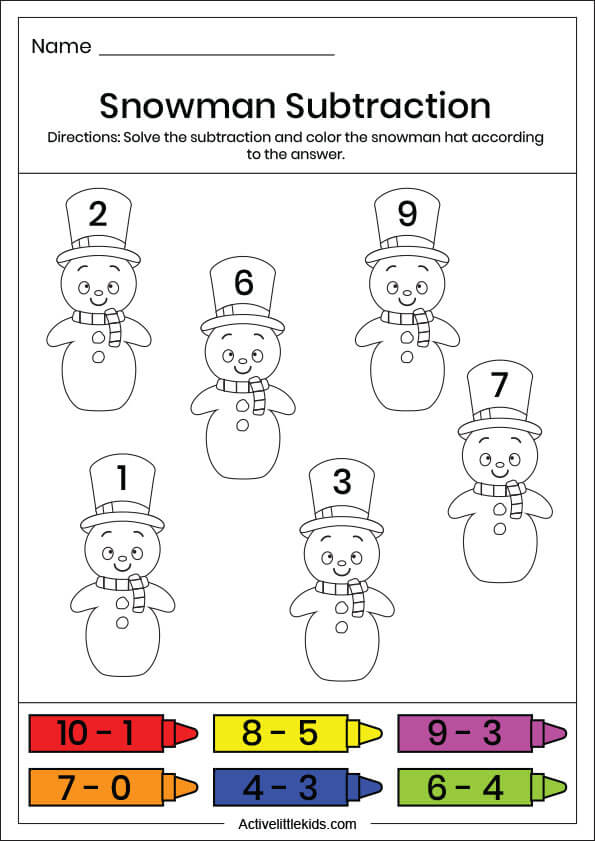 snowman subtraction worksheet