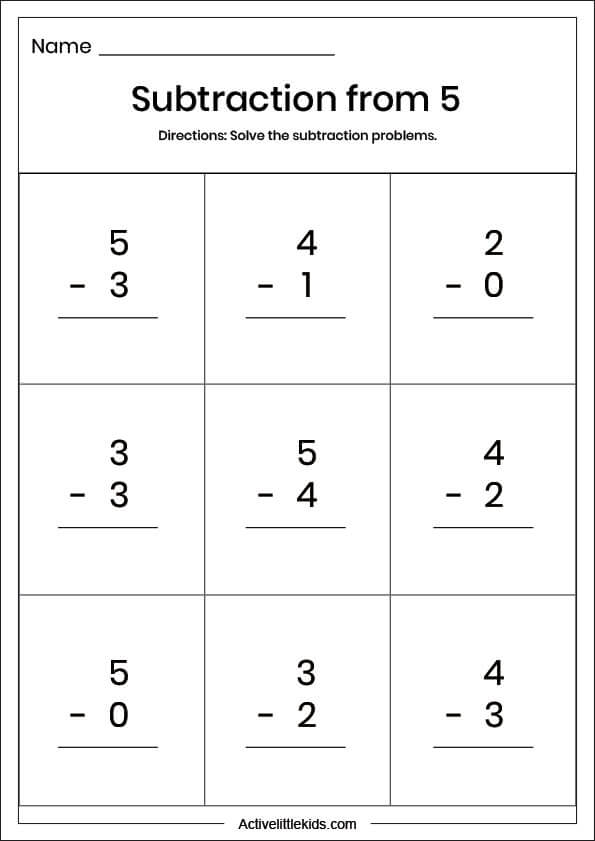 subtraction from five worksheet