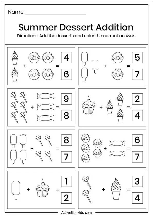 summer dessert addition worksheet