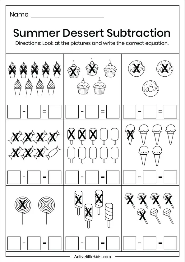 summer dessert subtraction worksheet