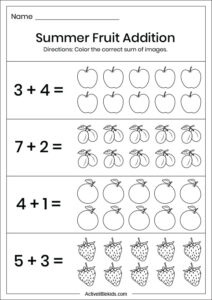 Summer addition worksheets for kindergarten - Active Little Kids