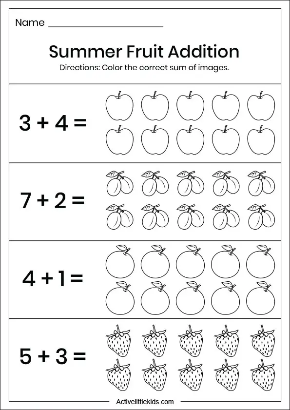 summer fruit addition worksheet