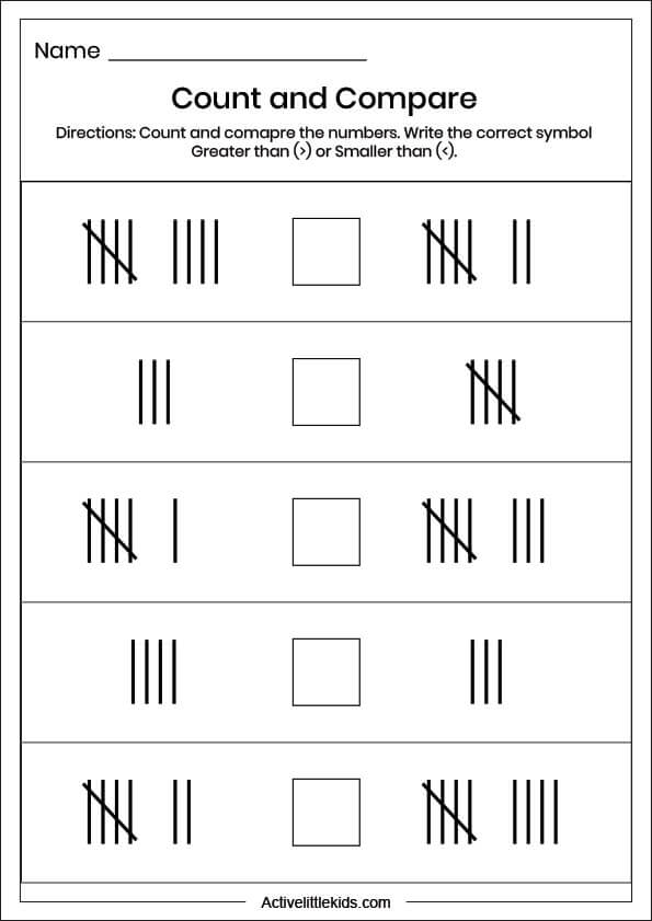 tally mark count and compare worksheet