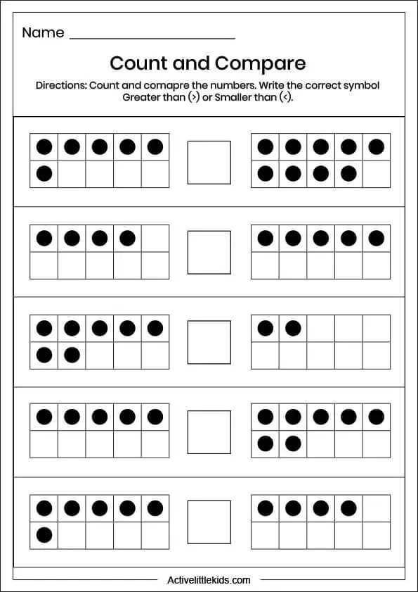 ten frames count and compare worksheet