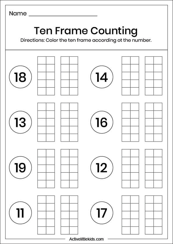 ten frame counting worksheet