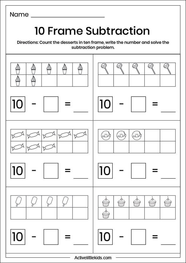 ten frame subtraction worksheet