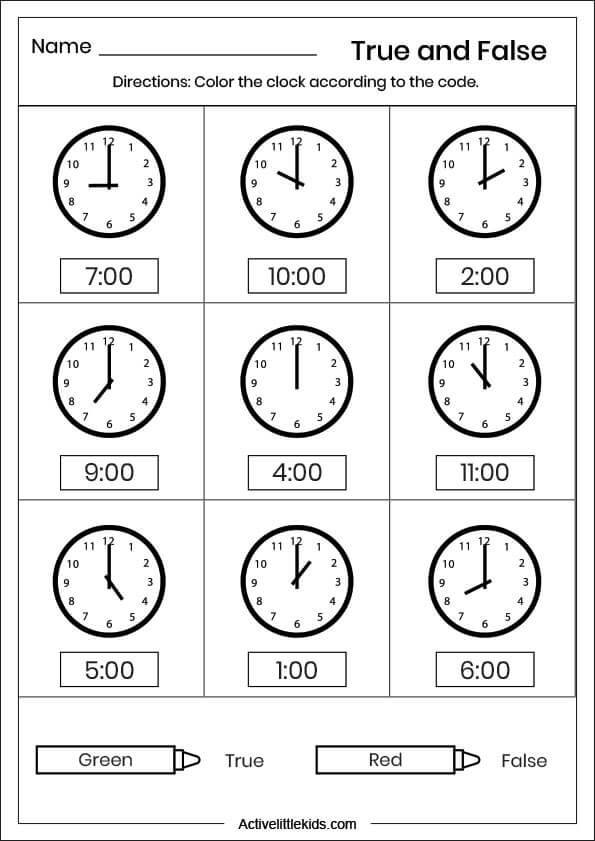 true and false clock worksheet