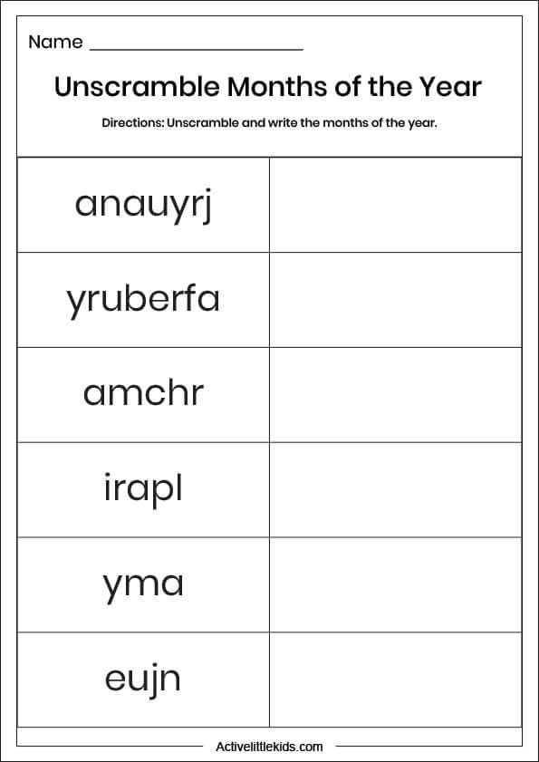 unscramble months of the year worksheet