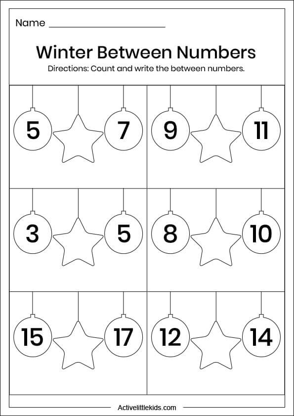 winter between numbers counting worksheet