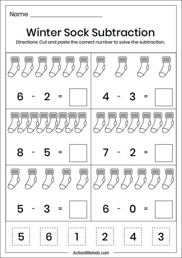 winter sock subtraction worksheet