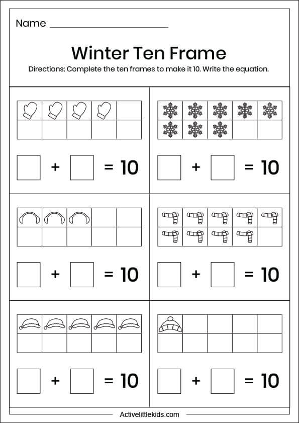 winter ten frame addition worksheet