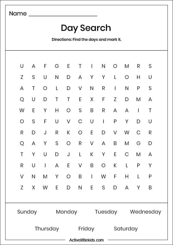 word search days of the week