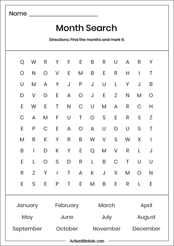 word search months of the year